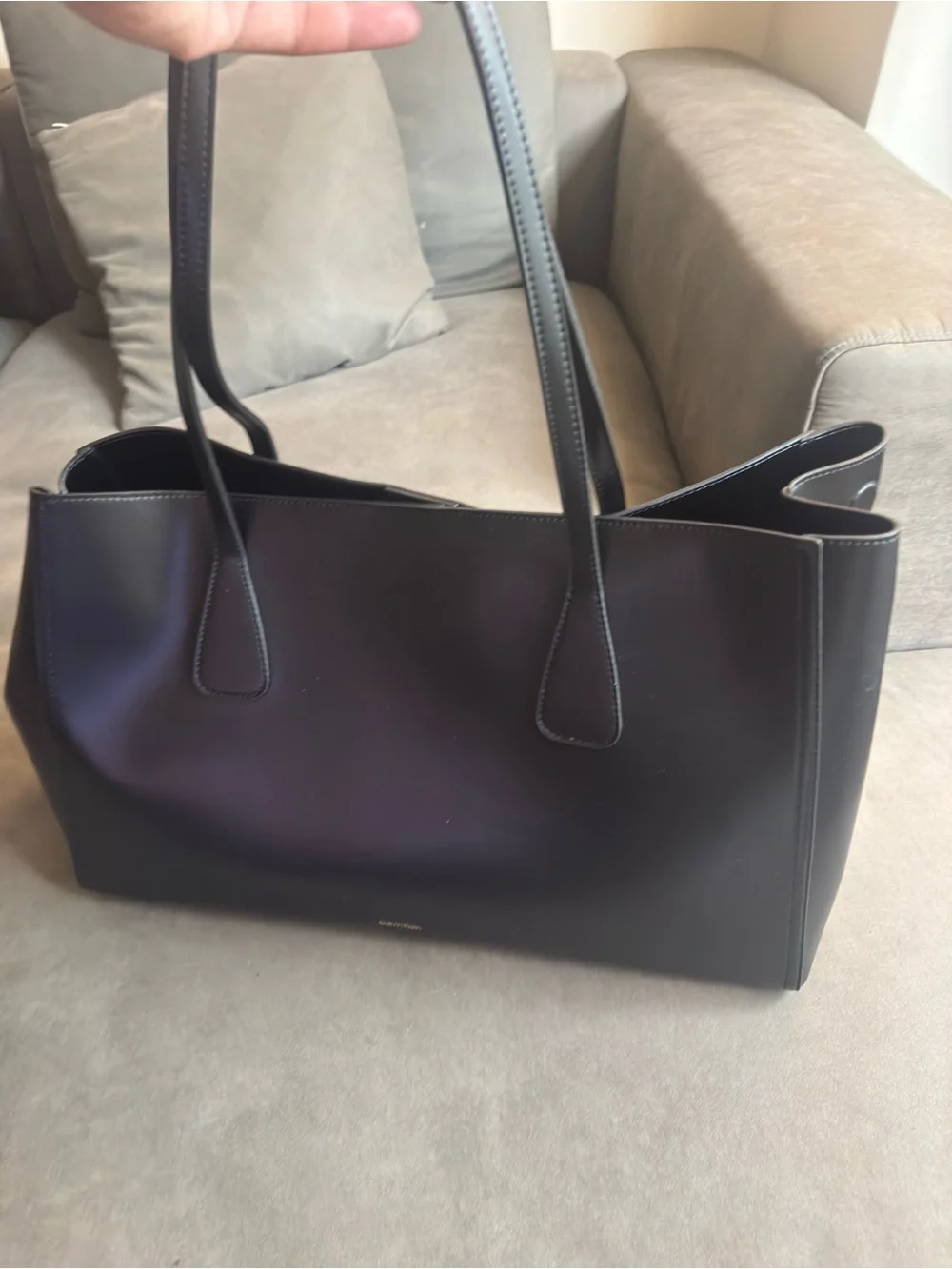 Calvin Klein Black Leather Shoulder Tote with Gold Logo